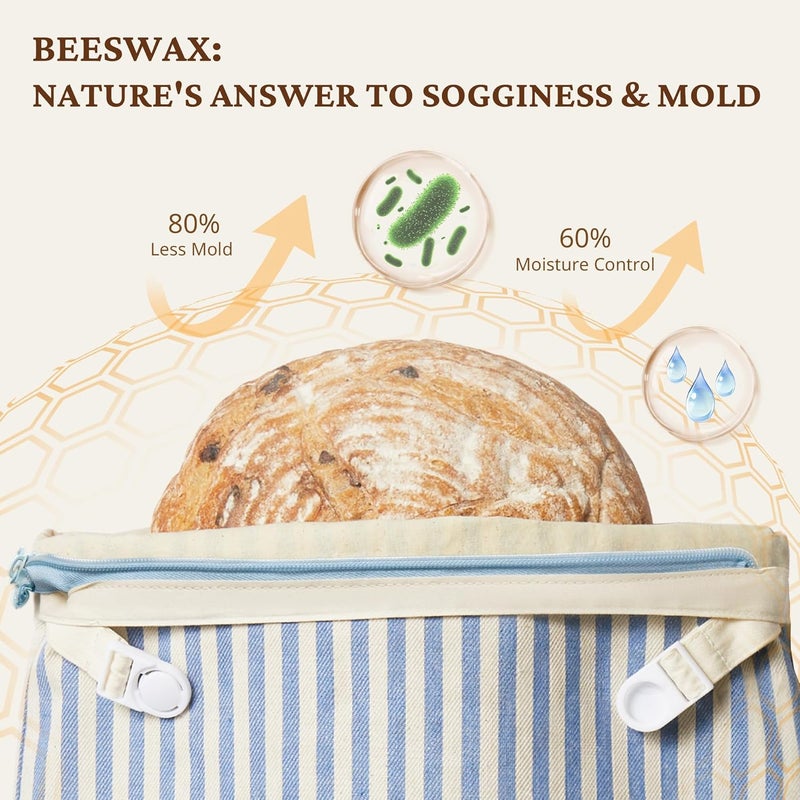 BRONYPRO Reusable Beeswax and Cotton Bread Bags with Zipper, 2-Pack Waxed Bread Bags for Homemade Bread & Sourdough, Sustainable Sourdough Loaf Storage to Lock in Freshness, Large 17x12.6in, Blue - Image 4